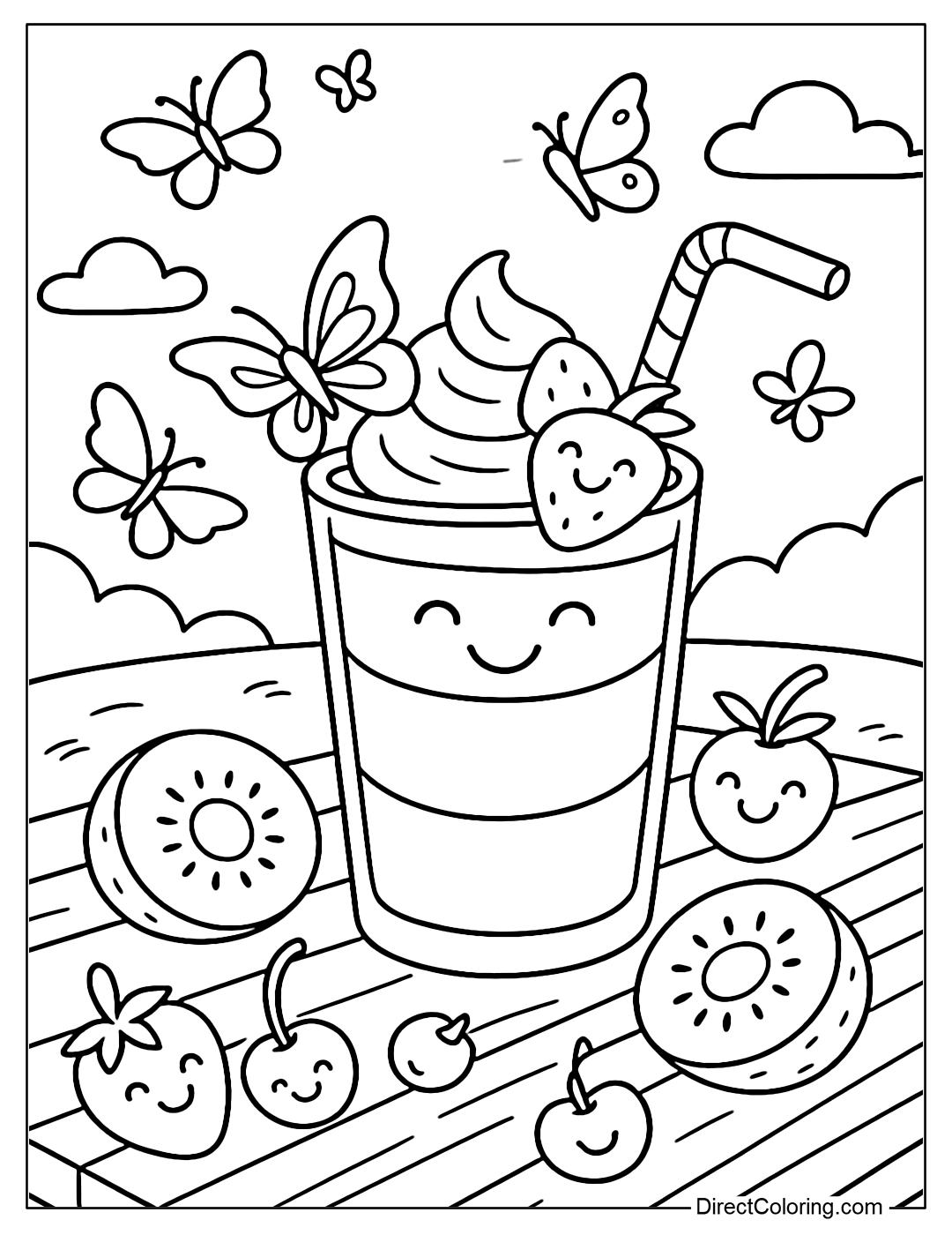 A picnic table coloring page with colorful multi-layered pineapple-mango smoothies. Surrounding the glass are kiwi slices, cherries and curved straws.